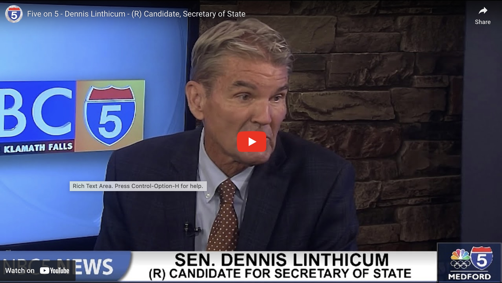 Five on 5 – Interview with Dennis Linthicum – (R) Candidate for Secretary of State